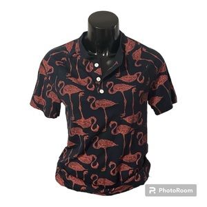 2/$14 💀 | NWOT | Crew Neck 1/4 Button T•Shirt | Navy Blue ft Pink Flamingos | S